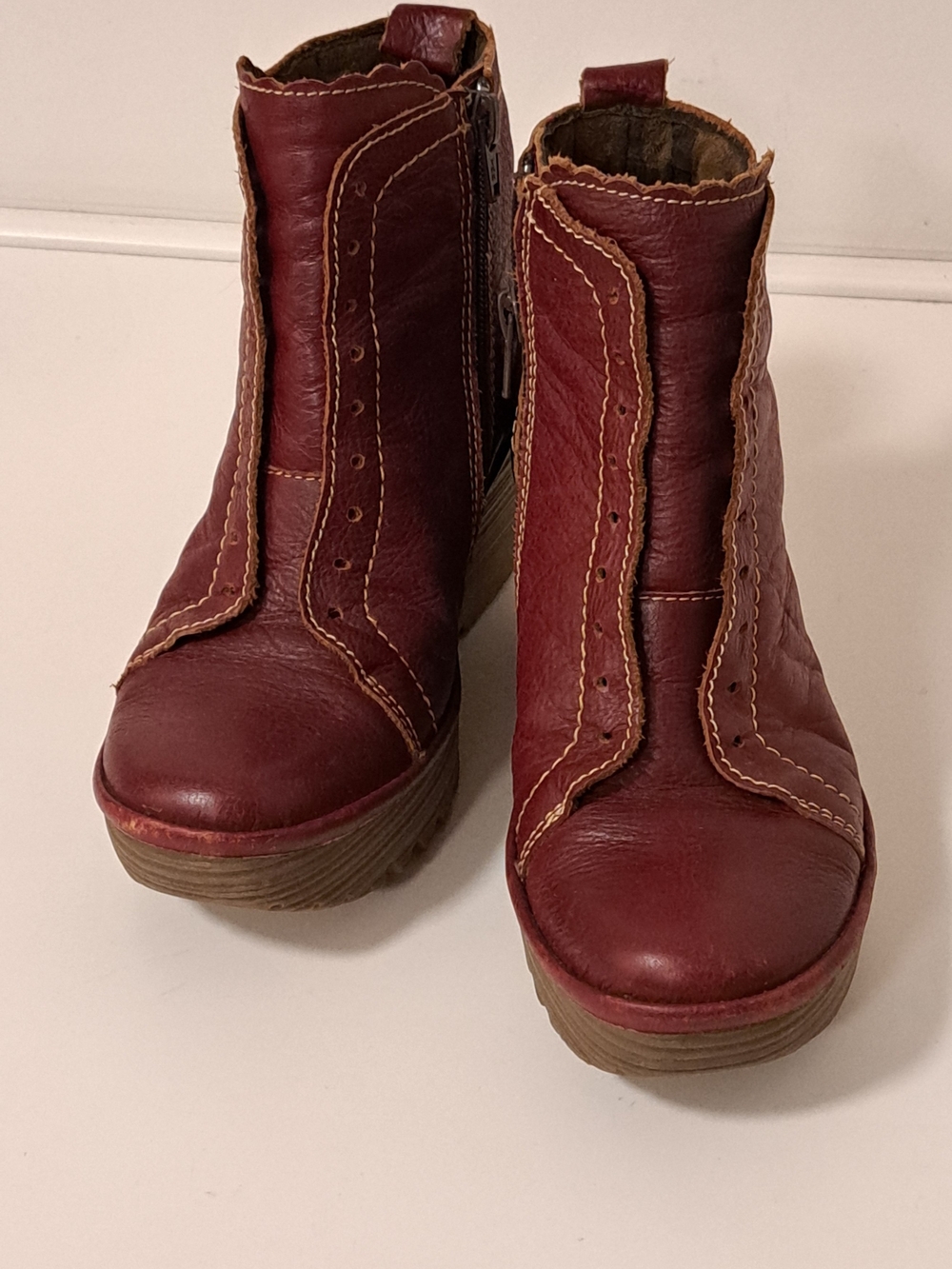 Fly London Burgundy Lace Up Leather Ankle Boots Wedge Sole Misses Size 5.5/6